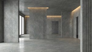 Pièce d'une grande maison en béton ciré